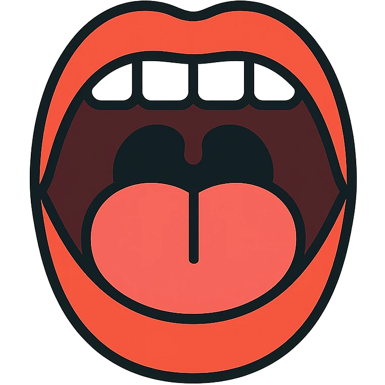 Schematic open mouth with visible tongue, symbolizing speech articulation and sound practice. Vector style, clean and sharp lines. Include realistic shadows and light reflections for depth. Minimalistic, educational design. Transparent background. High contrast between tongue, teeth, and lips for clarity. Flat illustration with soft shading, suitable for speech therapy materials emoji
