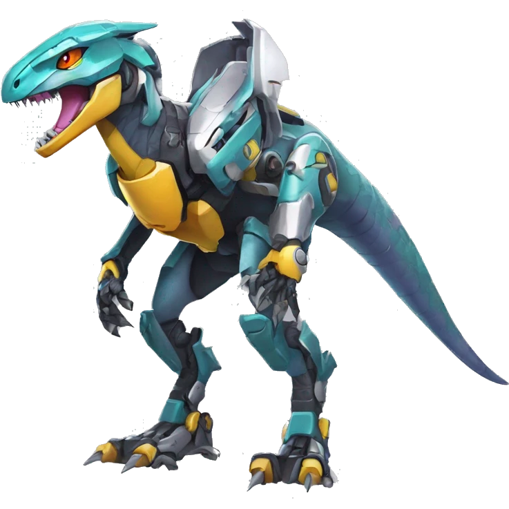 Colorful Edgy Greymon-Velociraptor-Genesect-Fakémon-Pokémon wearing a with a futuristic helmet And Mecha-suit Full Body emoji