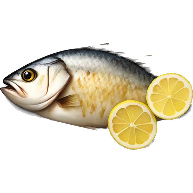 Realistic grilled fish on plate with lemon on the side emoji