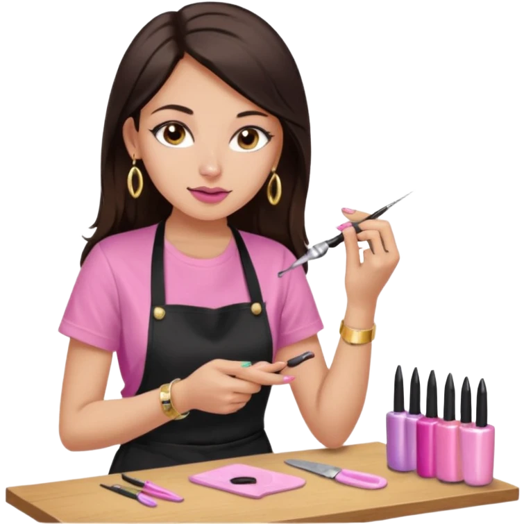 Fille cheveux long châtain foncé, peau beige type européen yeux marron, teeshirt rose avec un tablier noir, piercing au nez anneau doré, boucle d’oreille type diamant doré. Elle fait les ongles nail artiste emoji