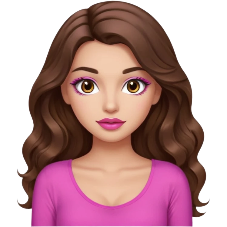girl with long wavy brown hair, brown eyes, long lashes makeup, sexy pink lips, light to medium complexion, wearing a pink sexy top emoji