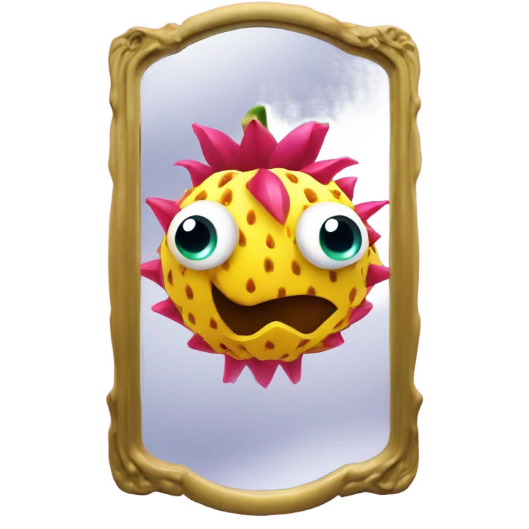 3D elegant Pitahaya with large shiny eyes 👀 one hand holds the mirror with its reflection 🪞 emoji