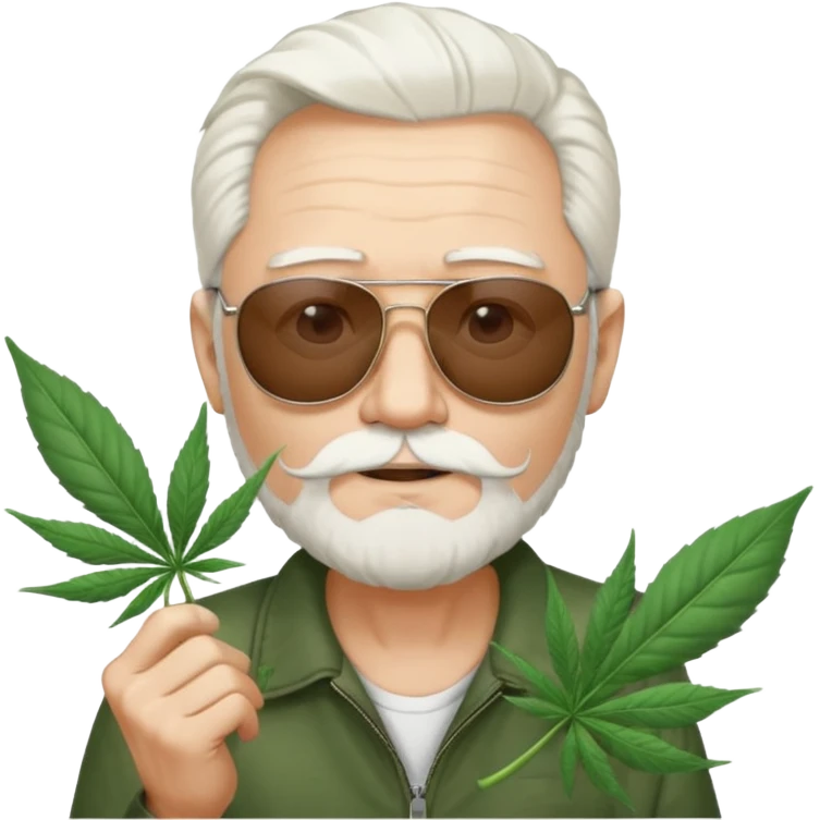An old skinny guy in his 50's with white hair and stumbly small white beard, he wears a pair of sunglassed and holds a Big marihuana leaf  emoji