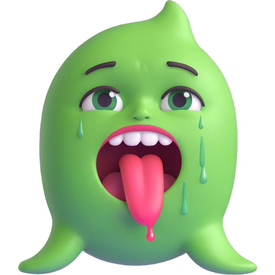 humorous emoji of a distressed character with tears, green face, tongue out, and cartoon puke, over-the-top reaction emoji