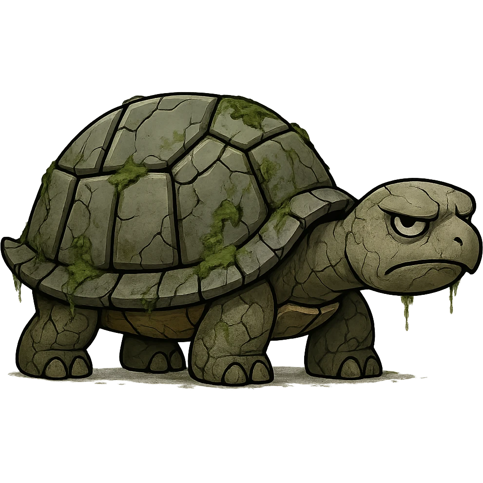 Add moss and cracks to the grumpy stone tortoise. Keep the background transparent. emoji