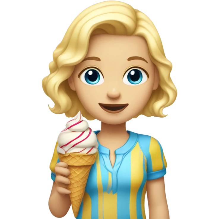Girl with blonde hair, blue eyes, yellow striped shirt, holding vanilla ice cream cone emoji