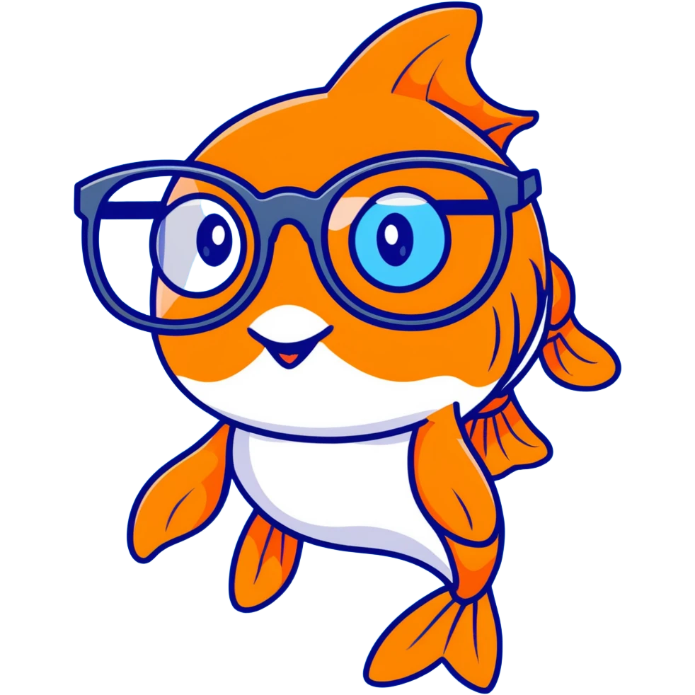 A funny orange goldfish with large glasses, making a goofy face emoji