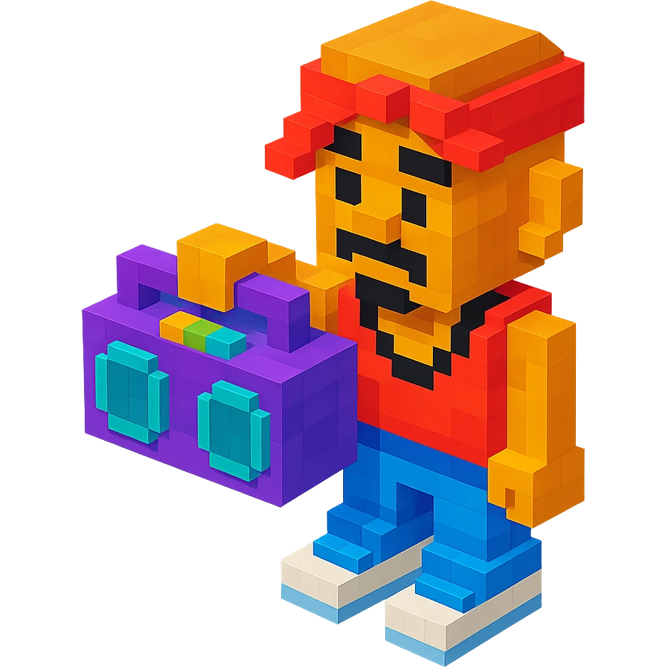 Lego version of 2Pac holding a boombox emoji
