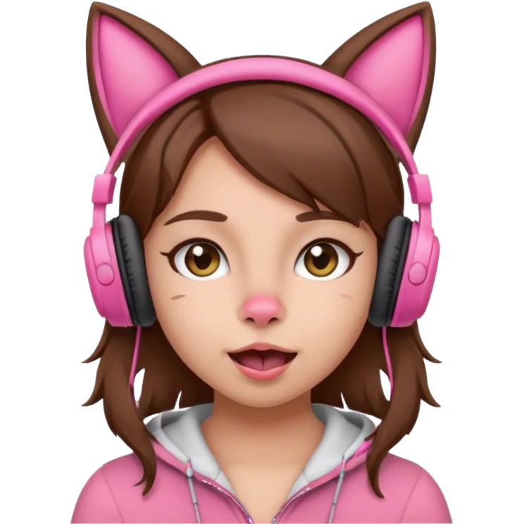 une fille avec des écouteursde chat rose et des cheveux brun qui fais une grimasse emoji