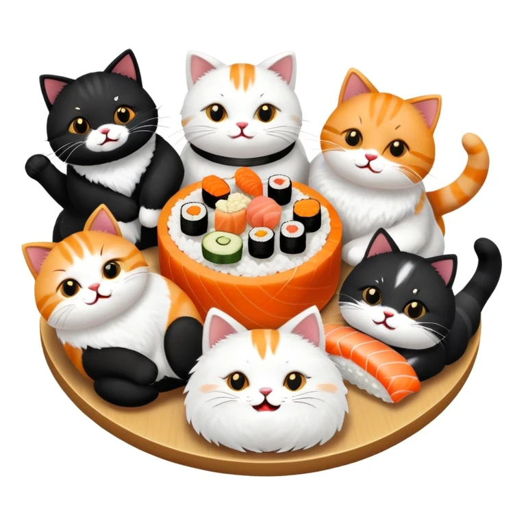 Group of nine cats having sushi at a birthday celebration emoji