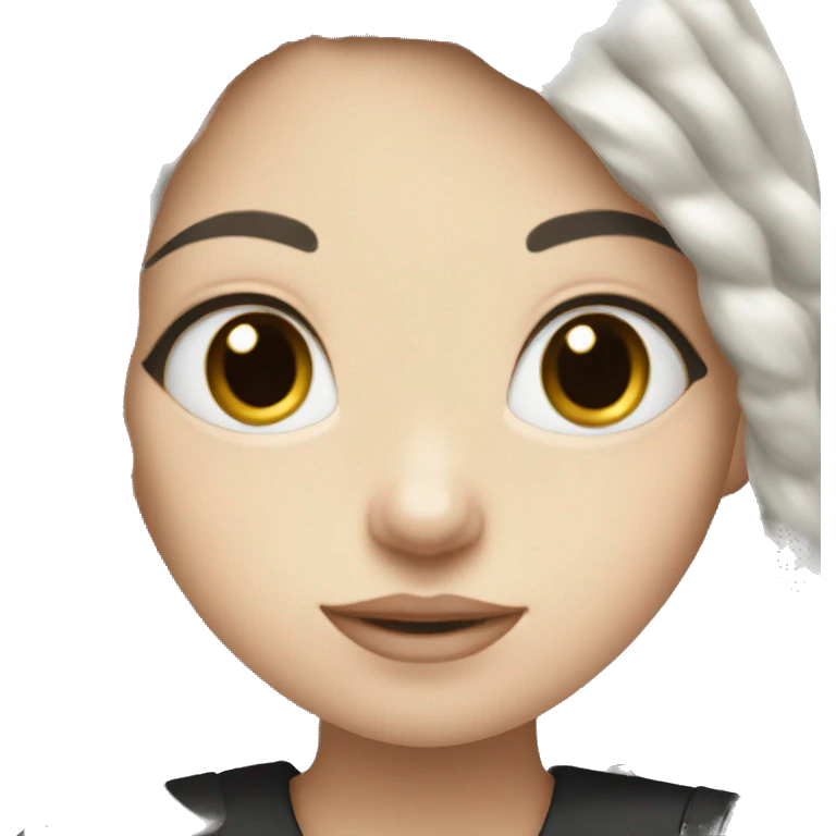 white girl with black hair holding white doodle  emoji