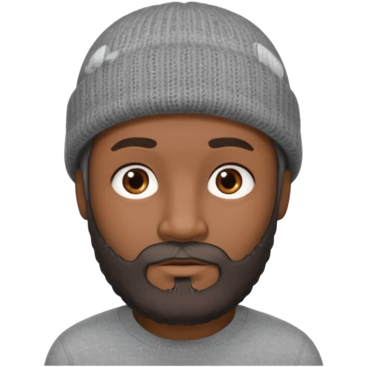A dark-skinned, oval face shape with soft rounded chin. man with a gray beanie, brown eyes, and a dark gray beard, wearing a calm expression. emoji