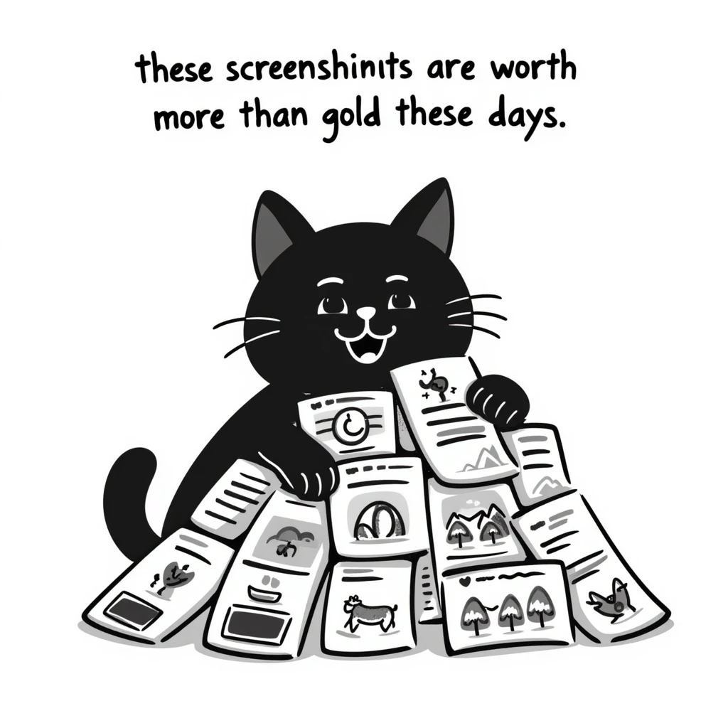 a smiling cat hugging a pile of screenshots, with the phrase 'these screenshots are worth more than gold these days' written in the image, white background emoji