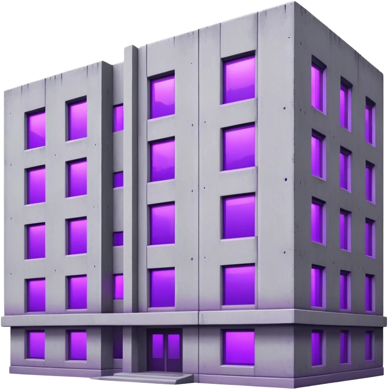 Rectangular gray concrete building with purple UV light shining from a single window, urban brutalist architecture emoji