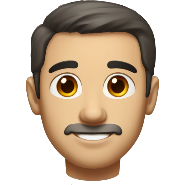 portrait of a man with an oval-shaped face and soft, balanced features. He has short dark hair, neatly styled upwards, and warm brown eyes with a friendly, slightly squinted expression. emoji