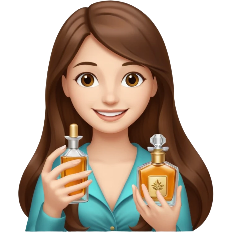 half body pretty long hair girl holding 1 parfume with smile emoji