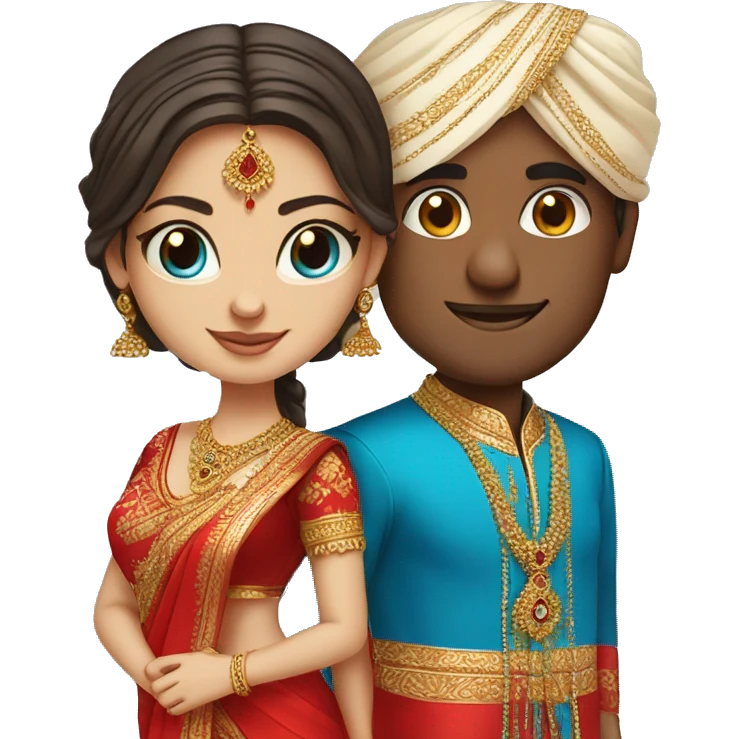 indian groom with white skin bride with blue eyes and same traditional red saree emoji