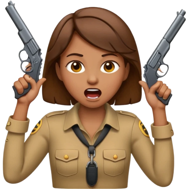 the woman emoji with brown hair and tan skin choking herself  with both hands around her neck with her mouth open and two arms from behind her holding a gun in each hand point directly at her head emoji