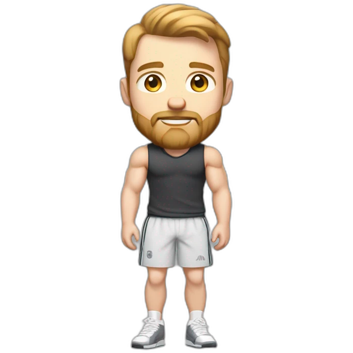 Full height Pale skinned fit man With biceps, Realistic eyes, light brown hair and very short beard In dark gray sleeveless mike, black oversize sports shorts, watch and white sneakers. emoji
