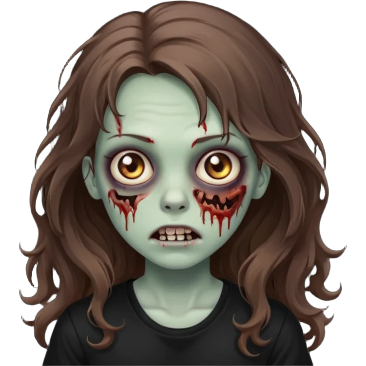 crie um emoji de uma garota zoombie cabelo castanho e longo , assustadora e fofa com cabelo ondulado 2b e camiseta básica preta emoji
