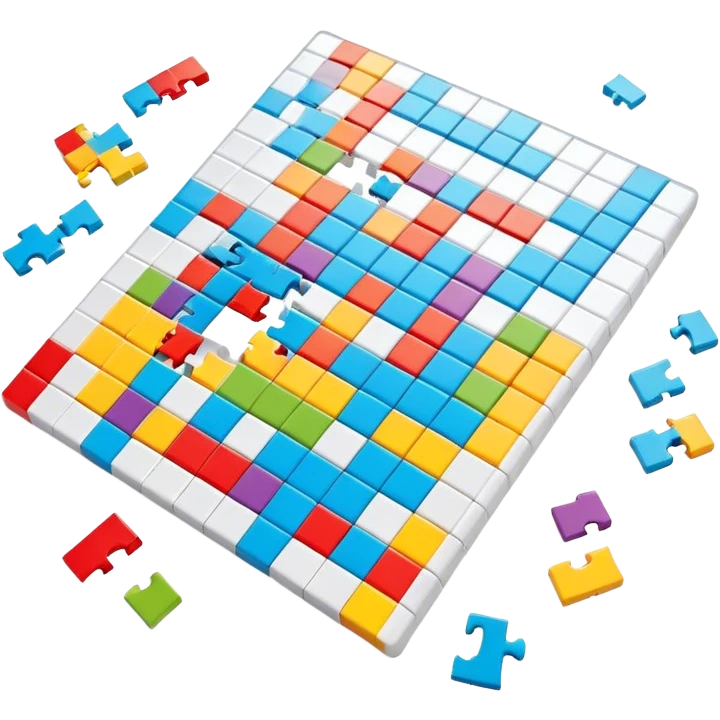 A photorealistic icon with a colorful, fragmented crossword magazine, a 3D puzzle, and a partially completed puzzle on a table. Bright, detailed design with realistic lighting. Transparent background, clearly symbolizing puzzles and brain games. emoji