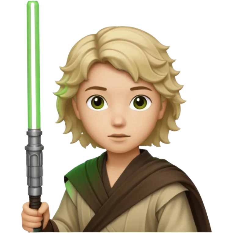 Young jedi with dark brown eyes and sandy blonde wavy short hair holding a green light saber.  emoji