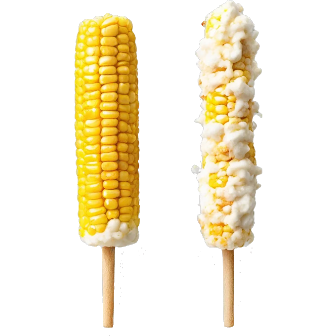 Mexican street corn (elote) on a stick. Sour cream, cheese, and chili powder for texture and color. emoji
