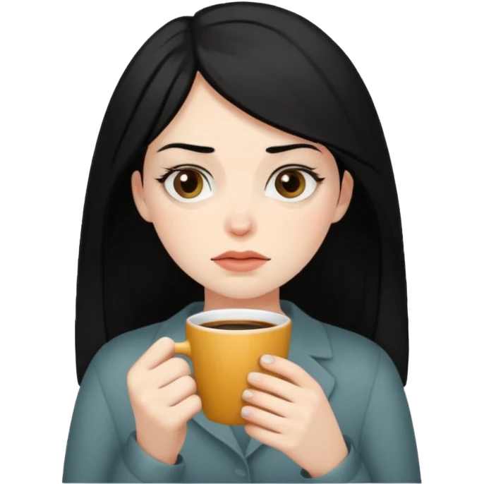 컴퓨터로 작업하면서 커피를 많이 마시고 있는 피곤해보이는 검은머리 여자 emoji