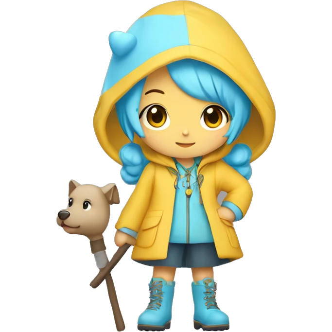 Cute little girl with light blue hair with peach skin, with yellow raincoat hooded with boots holding a shepherd staff, with a cross necklace, Sanrio design emoji
