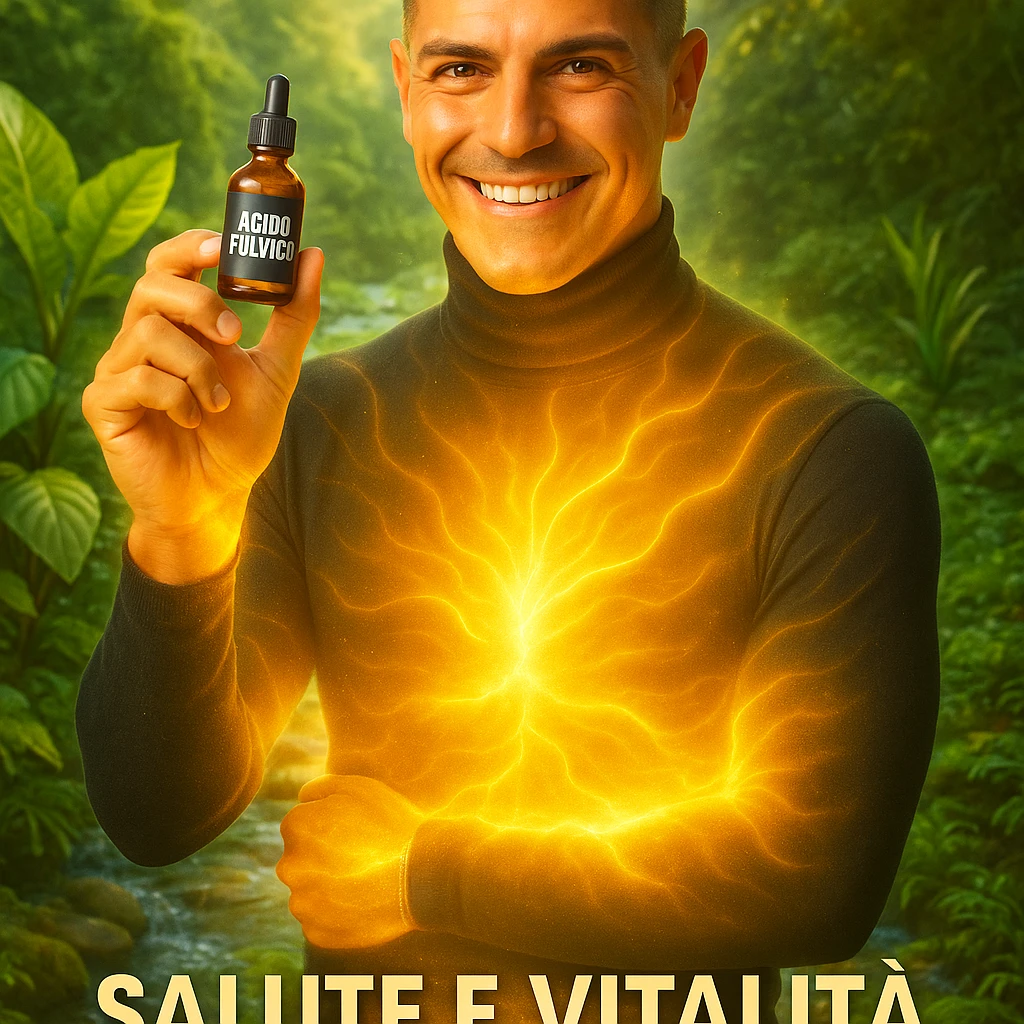 Uomo con il viso del riferimento, tiene una boccetta 'acido fulvico', energia luminosa su addome e pelle, ambiente naturale, elementi di benessere come piante e acqua, atmosfera rigenerante, testo in italiano. emoji