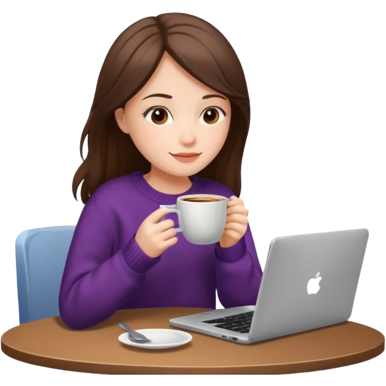 laptop and coffee are on the table. coffee is not on the laptop. the girl is drinking coffee. emoji