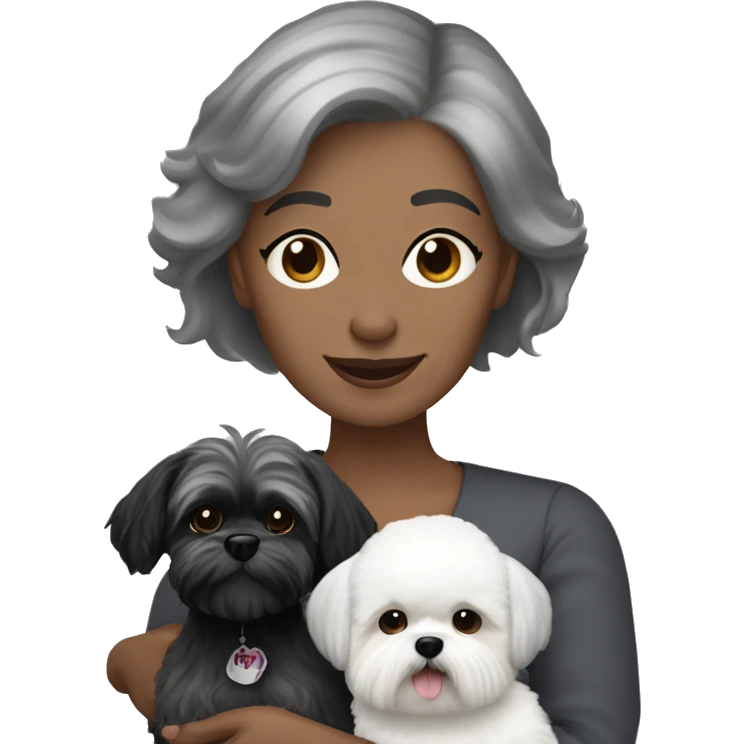 White women with short grey hair holding two dogs one black shih tzu and one white bichon frise emoji