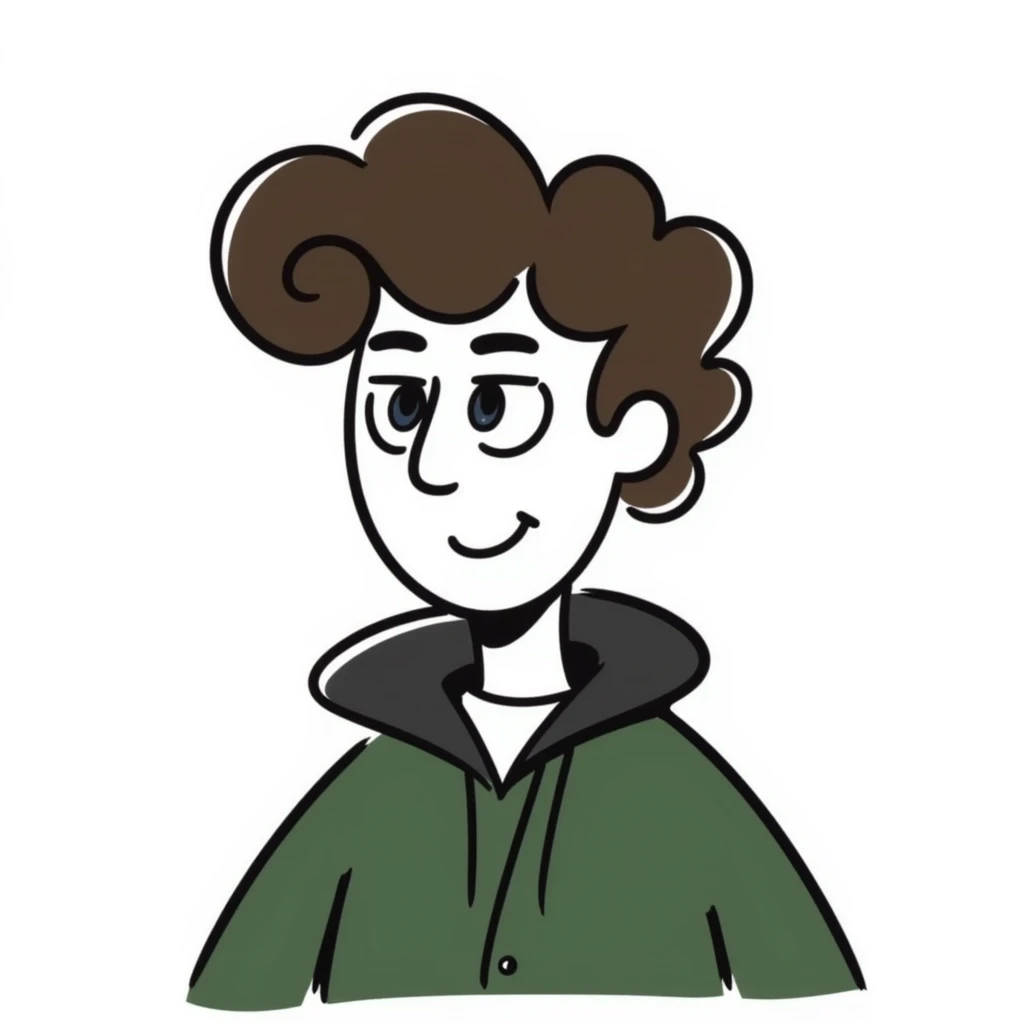 male with long messy brown hair, small facial hair, greyish blue eyes, wearing a green jacket emoji