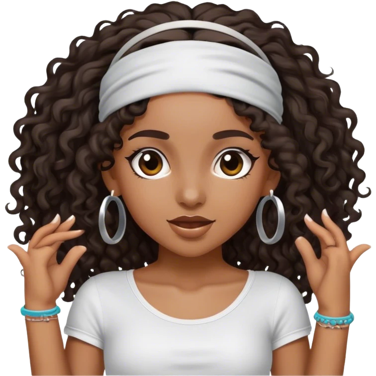 Dancing dark brown girl with long darn brown curly hair with headband hip hop emoji