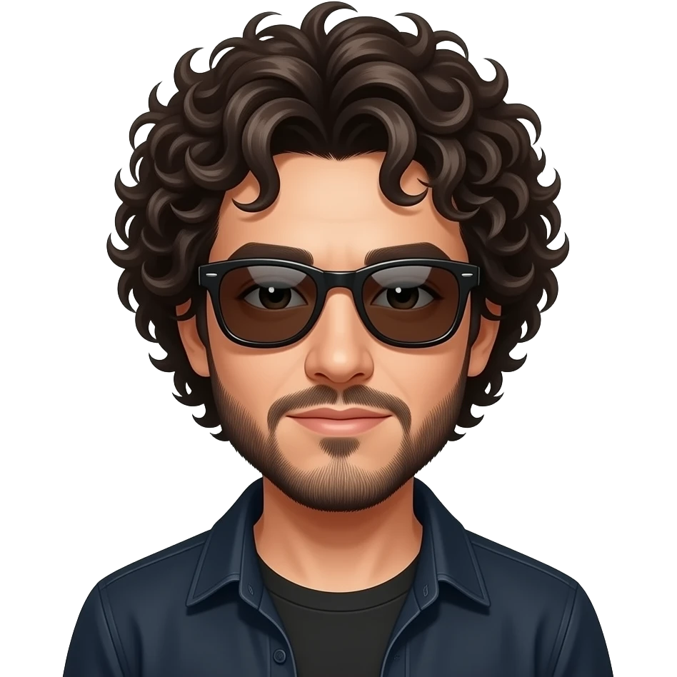 TOMIHITS cantante de rock que usa lentesnde sol. Pelo con rulos y barba emoji