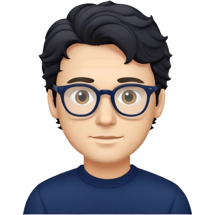 Caucasian man with black wavy hair wearing glasses and a long sleeve navy blue sweater emoji