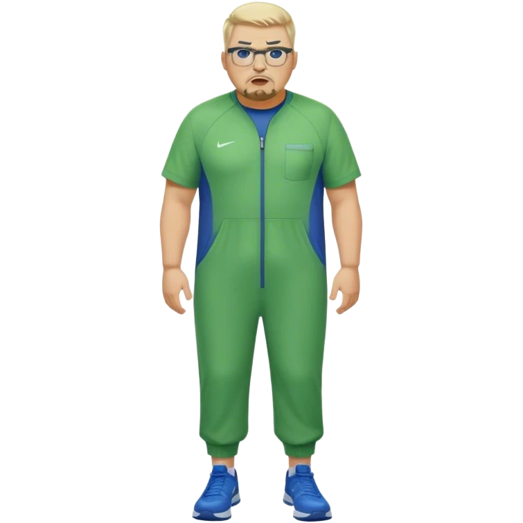 Full Body white male plus size wearing glasses with a goatee with light blonde and gray very short hair angry head Coach in blue and green Nike jump suit emoji