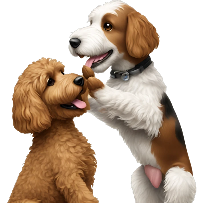 brown goldendoodle dog and smaller black/white dog giving each other a high five emoji