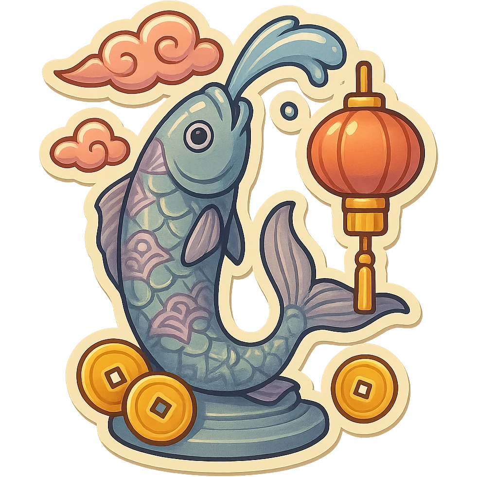 elongated slender fountain shaped like a serious fish with a water stream flowing from its mouth, retro-stickers style, eastern decor with patterns, clouds, coins, lanterns, detailed drawing with shadows and highlights, thin clean contours, soft rounded shapes, pastel palette #98B5BC, #B5B3C1, #C9A3C9, #E4C0CA, #F7DCD1, #F7C0AA, modern Japanese pop art, soft lighting, transparent background emoji