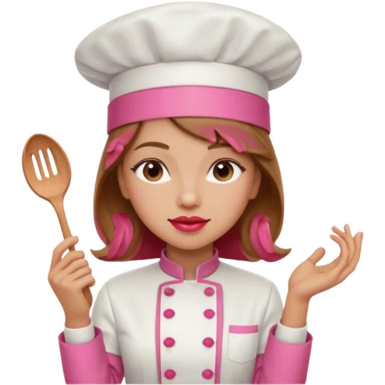 Girl in pink chef outfit, light brown hair, light skin, red lipstick emoji