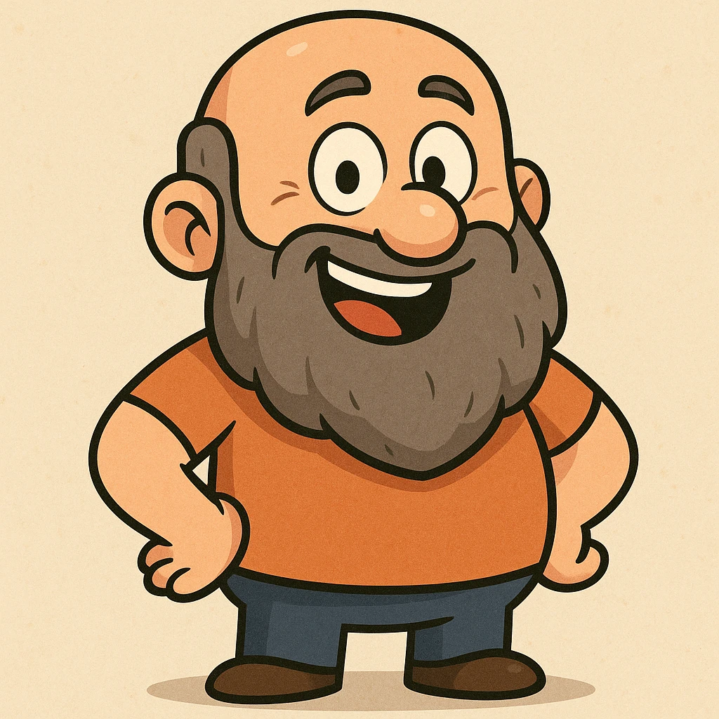 a bald man with a long grey beard, cartoon style, cheerful expression emoji