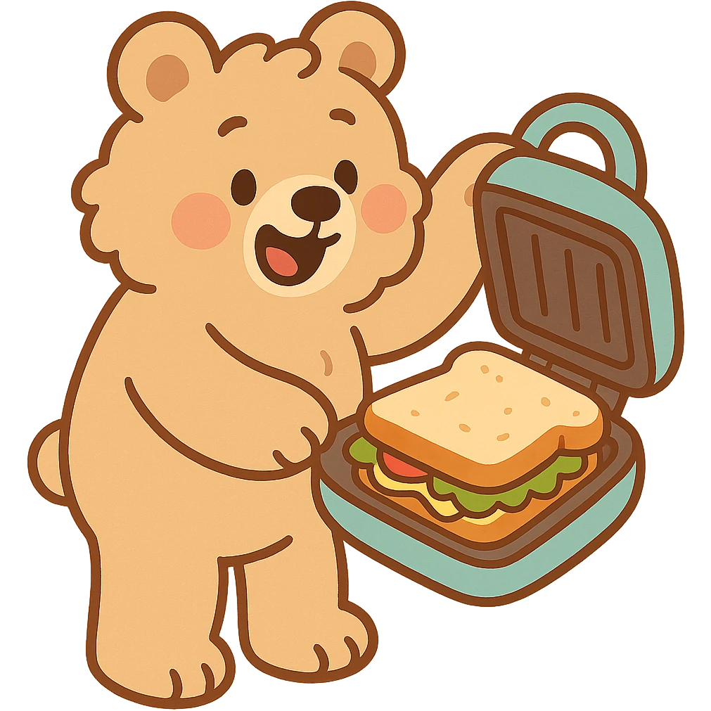 cute soft fluffy sandwich maker bear opening with a cute sandwich inside, creamy brown, full-body emoji