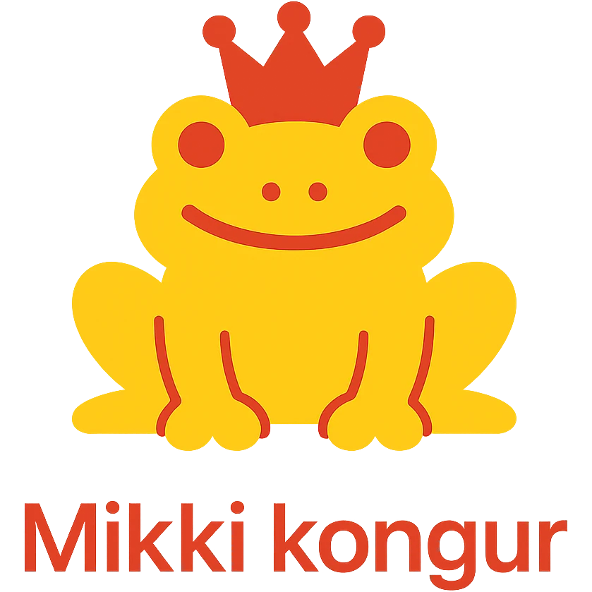 crowned frog in DHL Express branding smiling with 'Mikki kongur' text in a modern sans-serif font, simple flat color icon style emoji