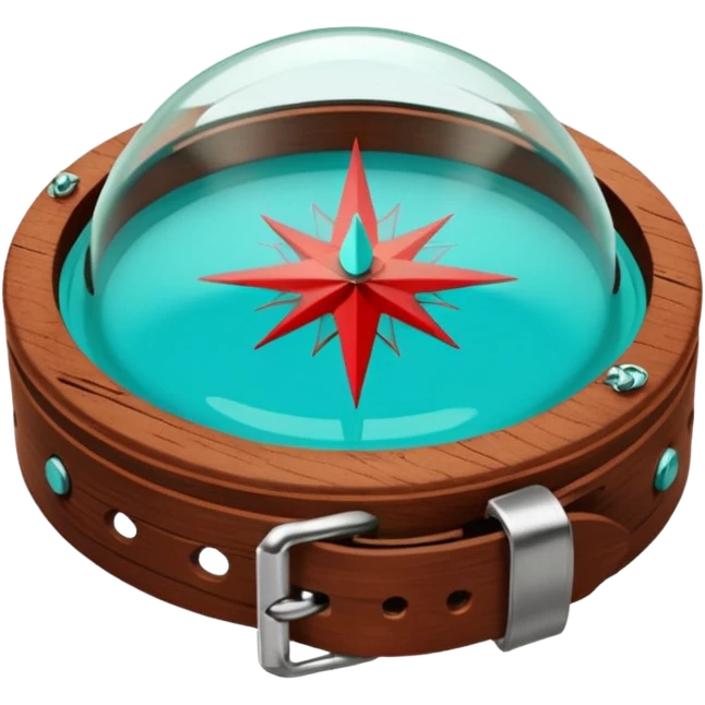 Round glass dome with turquoise-green liquid inside, red compass needle floating in center, brown wooden wrist band with metal clasps, anime cartoon style with clean line art emoji