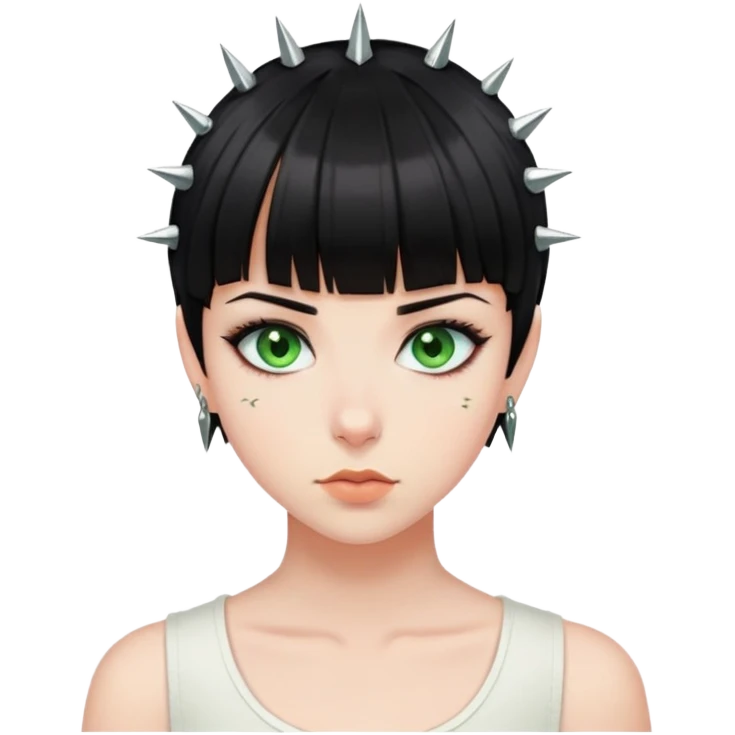 girl with black short hair bangs, green eyes, bridge piercing with spikes emoji