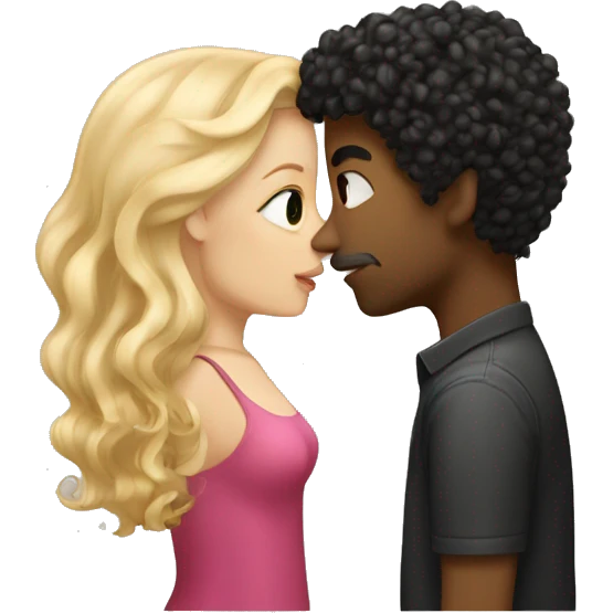 A white girl with blond straight hair kissing a light-skinned brown guy with curly black hair emoji