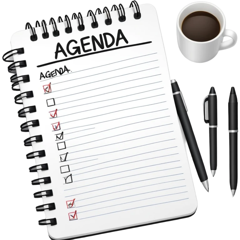 A notebook with 'AGENDA' written on top and meeting items listed below with bullet points emoji