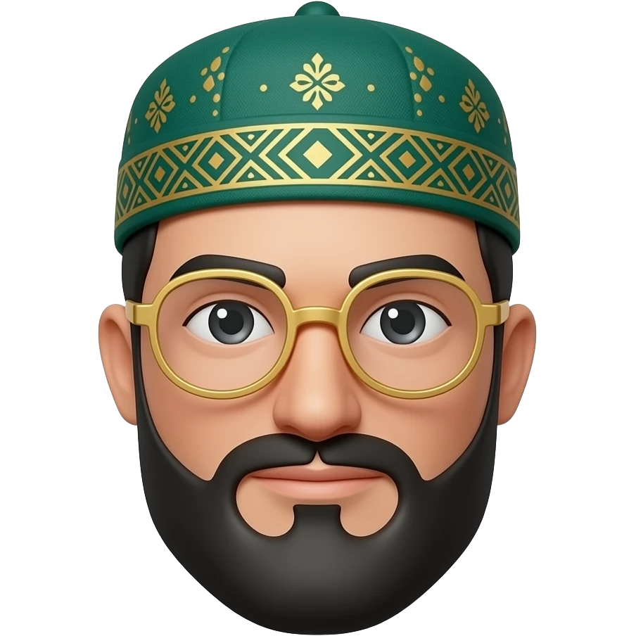 3D isometric face, neatly trimmed dark beard, sharp observant eyes, wearing gold spectacles.
Minimalist professional style, emerald traditional cap, dignified calm expression.
Soft studio lighting, 8k Octane render, ray-tracing detail.
Isolated on white background, premium literary aesthetic --v 6.0 emoji