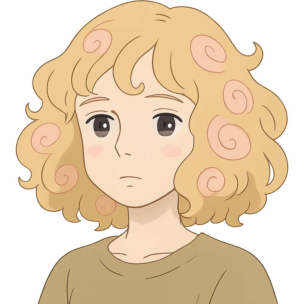 pale girl with curly medium-length blonde hair and baby pink swirls emoji