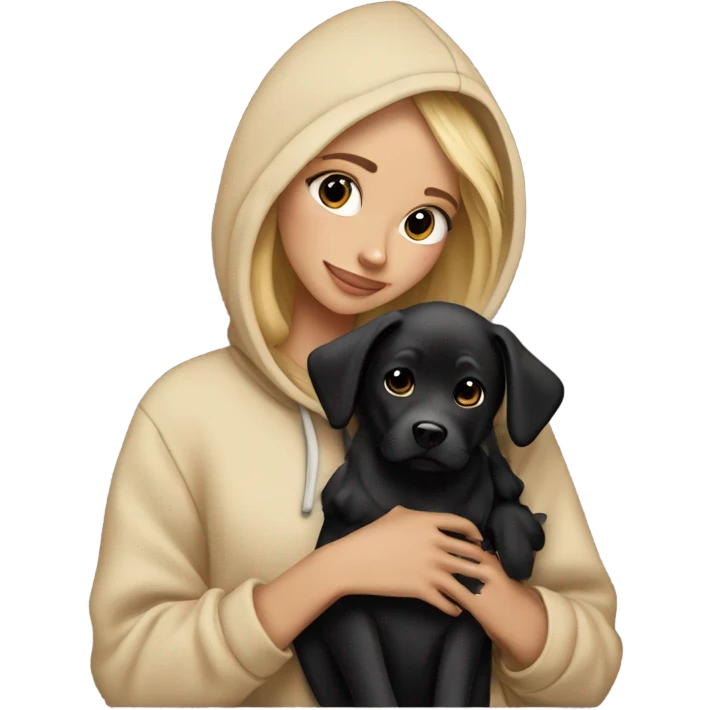 Balayage Blonde girl beige hoodie cuddling black dog emoji